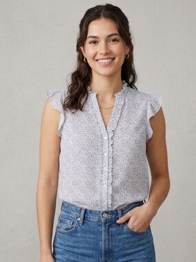Pleione Sheer Ruffle Button-Front Blouse.
